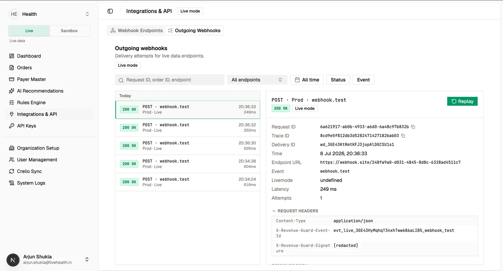 Webhook delivery log